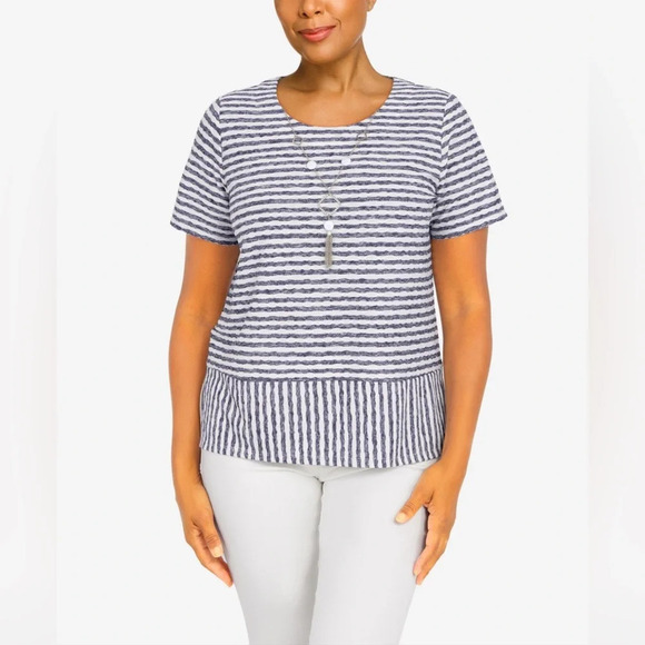 Alfred Dunner Classics Stripe Texture Knit Top With Necklace Navy/White Size L - Picture 1 of 9